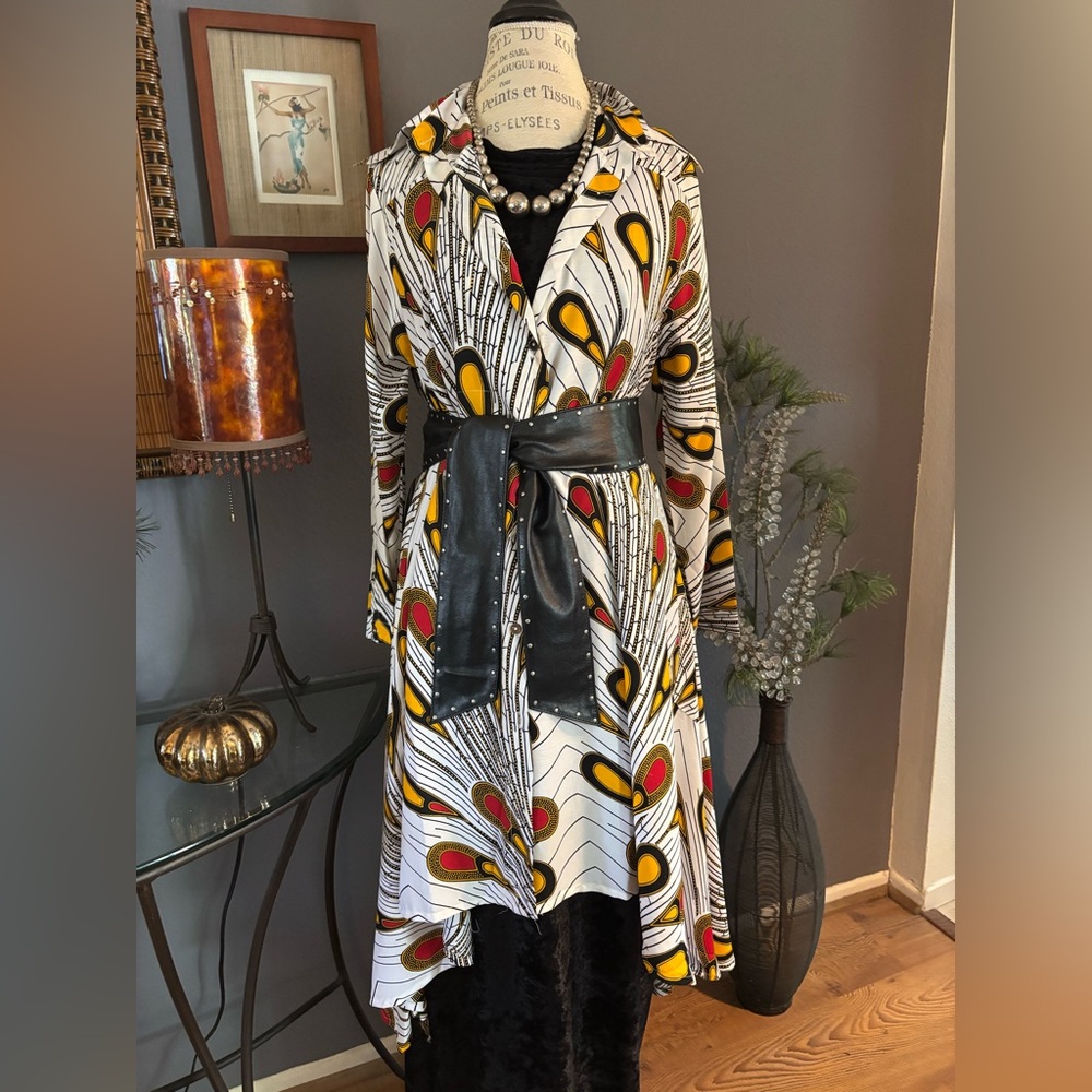Colorful Patterned Long Coat Dress. Leather studded belt is gift with purchase.